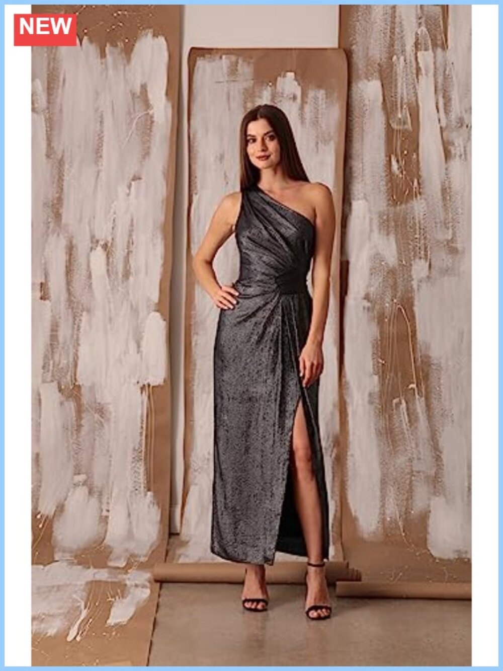 One Shoulder Sleeveless Maxi Dress with High Slit - Mercury Satin Cocktail Party - Picture 6 of 6